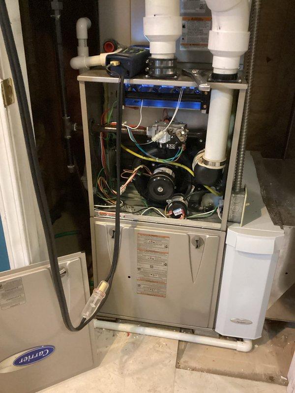 Performed annual furnace maintenance for customer interested in service contract. Conducted comprehensive system inspection and combustion analysis using Bacharach analyzer, which confirmed proper natural gas combustion parameters (O₂, CO, CO₂) within acceptable ranges. System appears to be functioning normally with all components in good working order. Customer was not present during service.