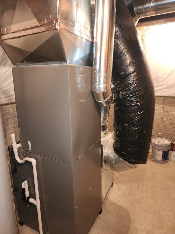 Completed installation of a 90% efficient furnace with matching air conditioning system. Installed and configured AprilAire humidifier with digital control panel to enhance indoor air quality. All ductwork properly sealed and connected with appropriate transitions to existing distribution system.