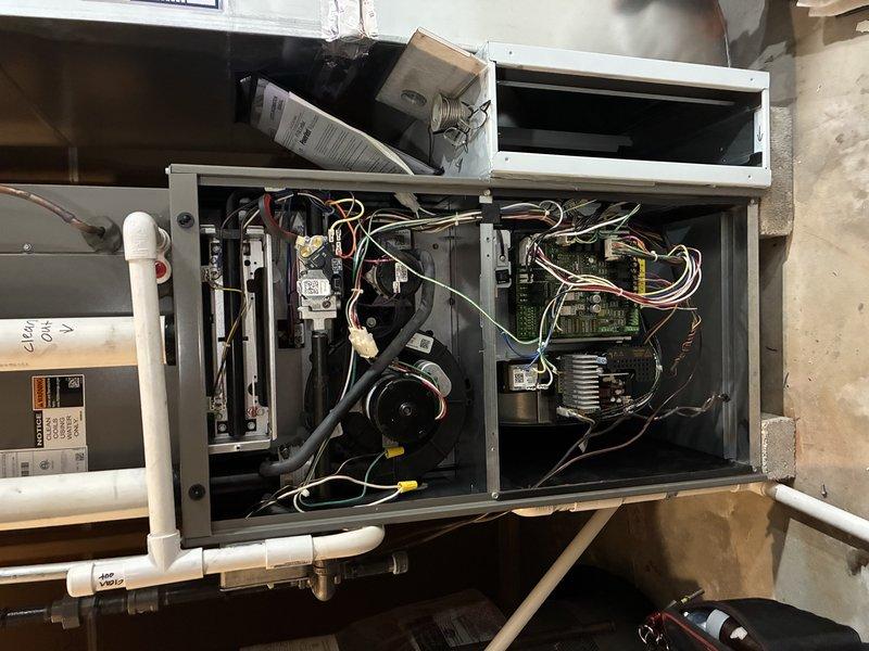 Performed scheduled MVP heating maintenance on 2-year-old system. Conducted electrical testing with multimeter to verify proper voltage readings. Inspected internal components including circuit boards, blower assembly, and wiring connections. System operating within normal parameters after service.