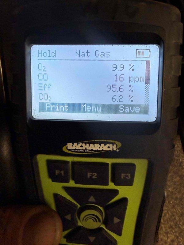 Performed scheduled heating maintenance on 12-year-old system. Conducted combustion analysis showing optimal efficiency at 95.6% with acceptable CO levels (16ppm) and CO₂ at 6.2%. Inspected connection points and wiring, all components found in working order with normal wear consistent with system age.