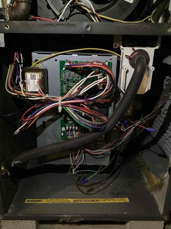 Performed scheduled furnace tune-up on 5-year-old system. Inspected control board and wiring connections, confirming proper functionality of all electronic components. Examined complete system installation in utility room, verifying appropriate PVC venting configuration and overall unit condition. No issues identified; system operating within manufacturer specifications.