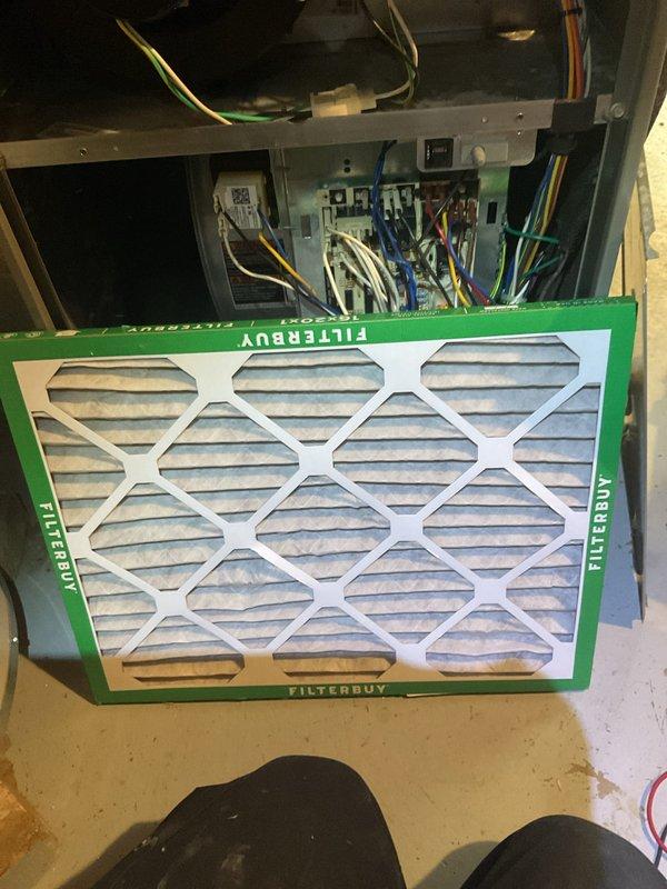 Performed routine furnace tune-up which included inspection of system components and replacement of the air filter with a new FilterBuy filter. Checked electrical connections and control panel wiring to ensure proper operation. All components functioning correctly after service.