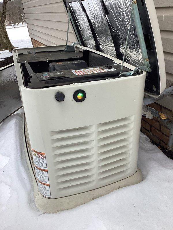 Responded to service call for generator with yellow and green flashing lights. Upon inspection of the Generac Evolution unit, the control panel displayed "PRESS TO RUN INSPECT BATTERY" warning message. Diagnosed battery issue as indicated by control panel diagnostics and replaced battery to restore proper generator functionality.