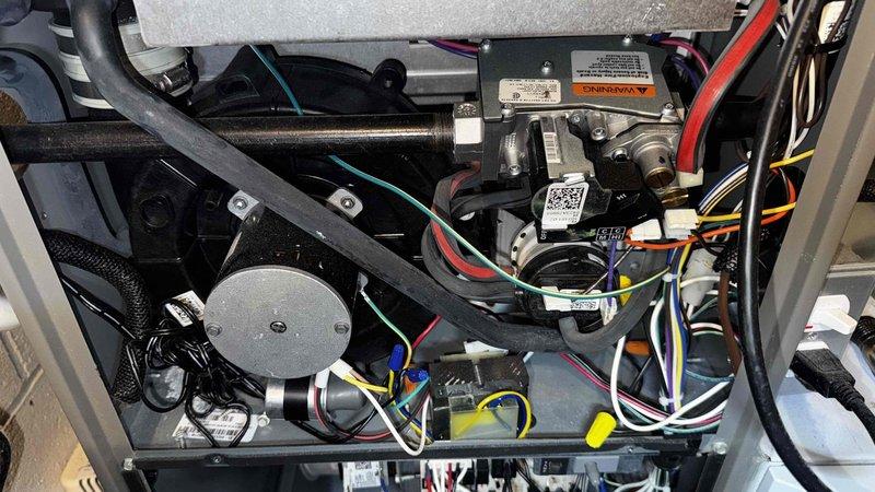 Performed scheduled maintenance service on HVAC system. Inspected internal mechanical components and electrical connections, finding all in normal working condition. Discovered severely clogged air filter with significant dust/debris accumulation affecting system efficiency; replaced filter to restore proper airflow and system performance.