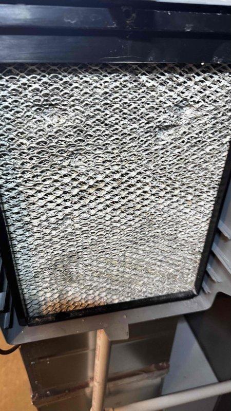 Performed scheduled maintenance service on HVAC system. Inspected internal mechanical components and electrical connections, finding all in normal working condition. Discovered severely clogged air filter with significant dust/debris accumulation affecting system efficiency; replaced filter to restore proper airflow and system performance.