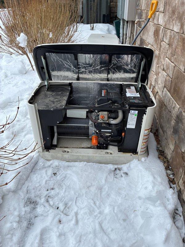 Performed scheduled maintenance service on three Generac Guardian 22kW standby generators at commercial property. Inspected all internal components, cleaned snow accumulation from around units, and verified proper operation of control systems. All generators functioning correctly with no issues identified; service stickers updated to reflect next maintenance due date.