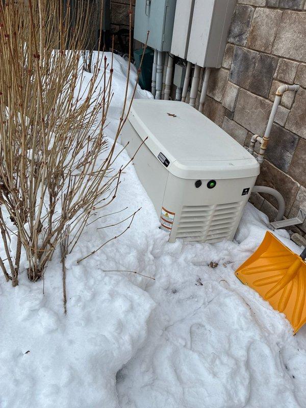 Performed scheduled maintenance service on three Generac Guardian 22kW standby generators at commercial property. Inspected all internal components, cleaned snow accumulation from around units, and verified proper operation of control systems. All generators functioning correctly with no issues identified; service stickers updated to reflect next maintenance due date.