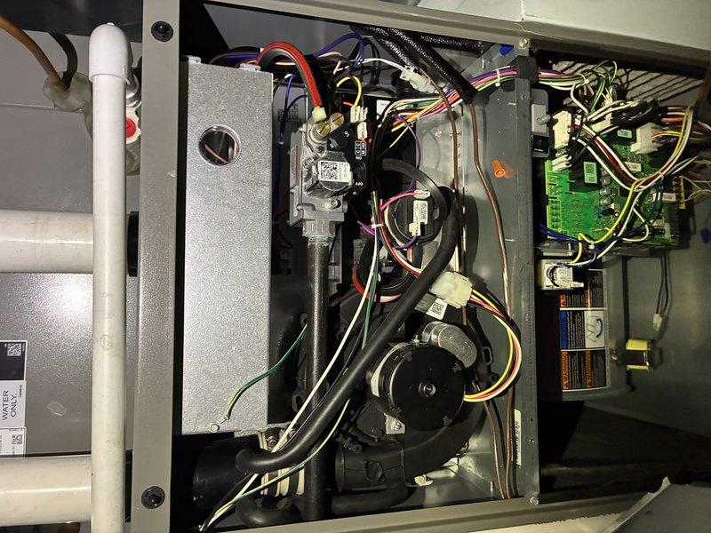 Performed routine maintenance and tune-up service on 1.5-year-old furnace. Inspected blower wheel assembly for proper operation, noting good condition with no visible damage or debris accumulation. Examined internal components including motor, wiring harnesses, gas valve, control module, and circuit board connections - all functioning within normal parameters. System is operating efficiently with no issues identified.