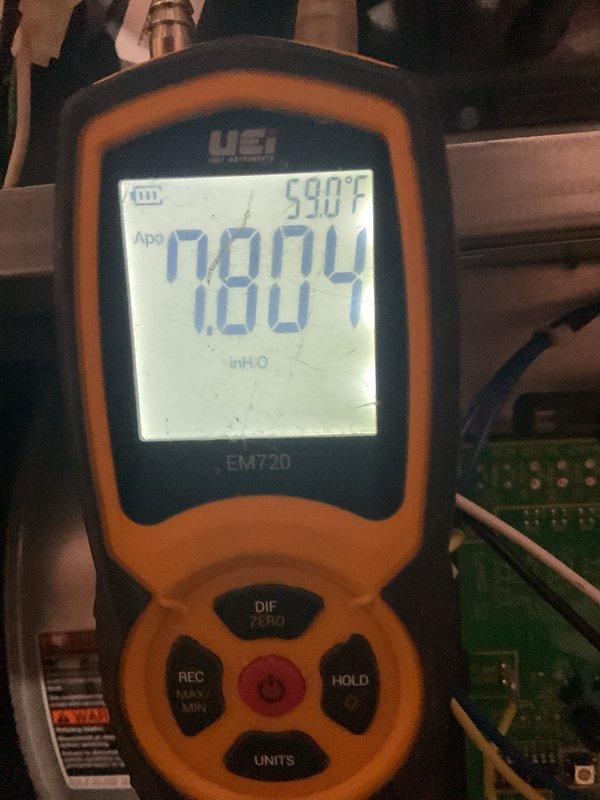 Completed routine maintenance service on MVP Furnace system. Inspected gas line connections and insulation integrity. Performed combustion analysis with UEi EM720 meter, recording 0.804 reading at 59.0°F, confirming unit is operating within manufacturer specifications.