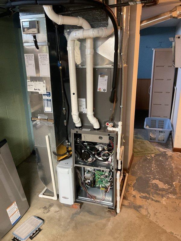 Performed routine maintenance on furnace of unknown age as part of recurring MVP Heating service. Inspected internal components including circuit board, wiring, and exhaust system. Examined filter which showed significant particle accumulation and discoloration, indicating replacement is needed.