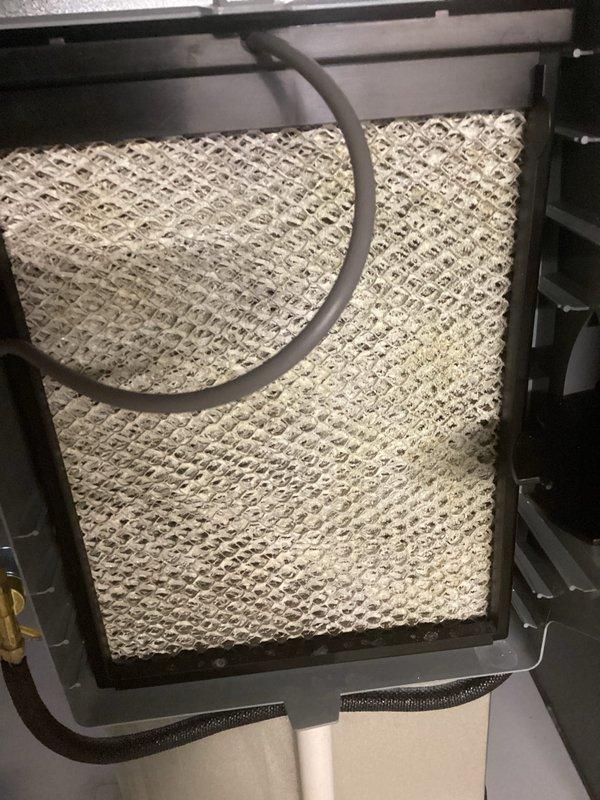 Performed annual preventative maintenance on furnace system with MVP service. Inspected Aprilaire whole-home humidifier installation and connections to ductwork. Examined air filter which showed normal accumulation of dust/debris; documented condition with photos for service record.