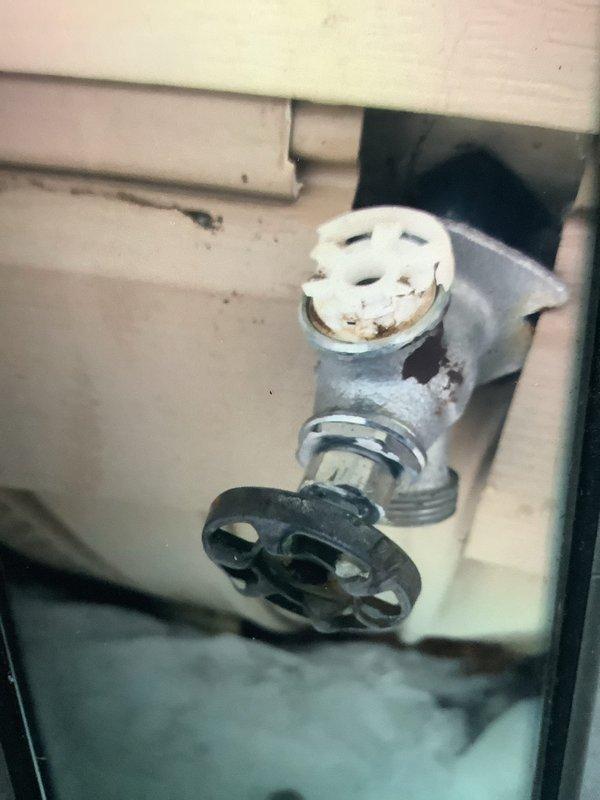 Performed scheduled maintenance on furnace system including replacement of air filter and chemical cleaning of blower wheel to improve airflow efficiency throughout the home. Inspected exterior plumbing fixtures and noted some corrosion and mineral buildup on valve components with possible previous moisture issues, as well as examined outdoor spigot condition during winter conditions.