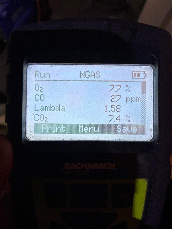 Performed routine maintenance on 3-year-old natural gas furnace. Conducted combustion analysis with Bacharach analyzer showing normal readings (O2: 7.7%, CO: 27ppm, CO2: 7.4%, Lambda: 1.58). Inspected ductwork and recommended cleaning service during follow-up visit.