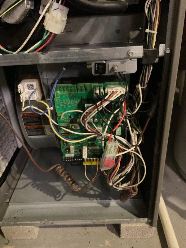 Performed routine winter maintenance on a 7-year-old furnace that was functioning properly. Inspected and verified condition of air filter, which showed normal usage patterns. Examined electrical components including the control board and wiring harnesses, confirming all connections were secure with no signs of damage or corrosion.