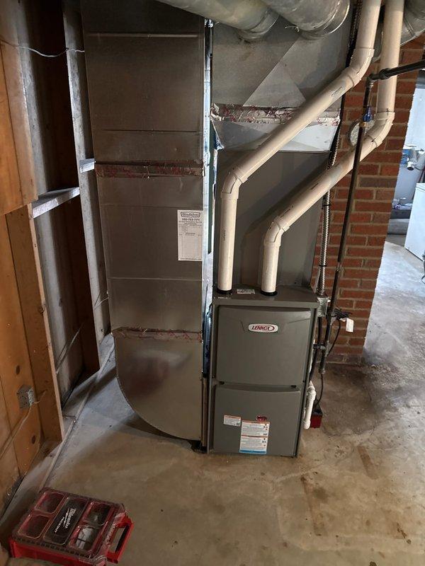 Successfully completed installation of a Lennox 90% efficiency furnace in basement utility area, connecting it to existing ductwork with proper PVC venting. Customer opted to defer AC installation to a later date as discussed during initial consultation.