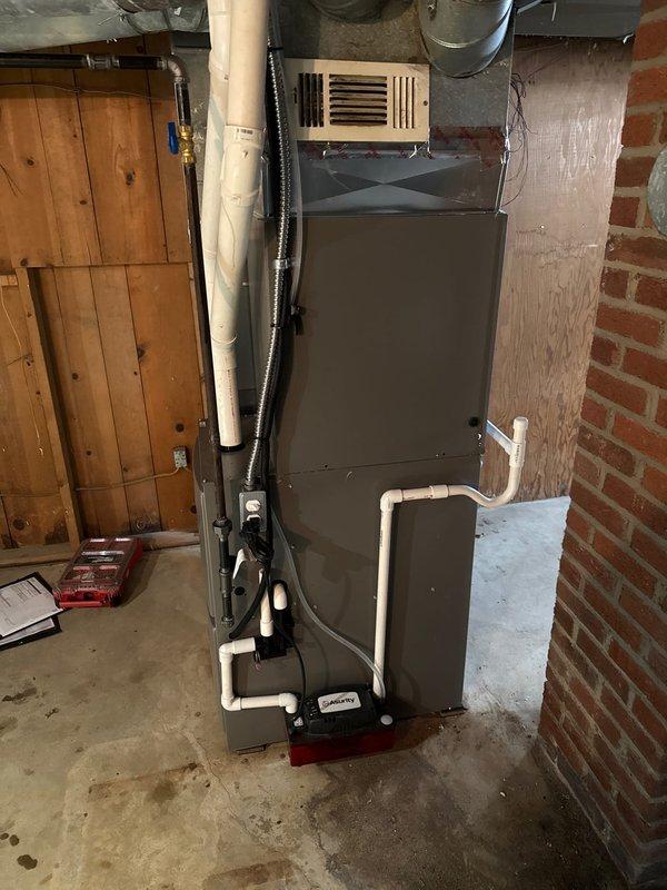 Successfully completed installation of a Lennox 90% efficiency furnace in basement utility area, connecting it to existing ductwork with proper PVC venting. Customer opted to defer AC installation to a later date as discussed during initial consultation.