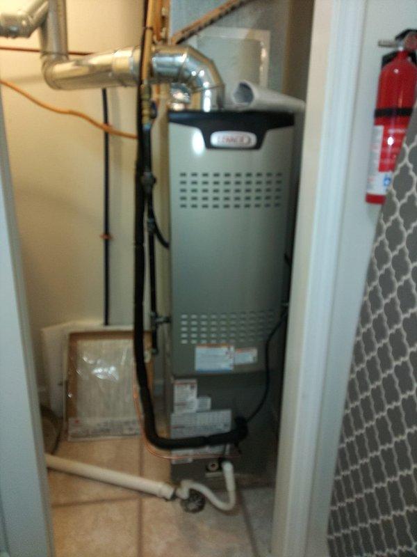 Completed final installation of Lennox air conditioning system. Installed and connected copper refrigerant lines, verified proper ductwork connections, and ensured proper condensate drainage via PVC piping. System was tested and confirmed to be operating within manufacturer specifications.