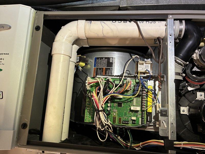 Performed scheduled MVP tune-up on HVAC heating system, including inspection of the control board with particular attention to the discharge sensor connections and circuit integrity. Replaced air filter as noted in maintenance requirements.