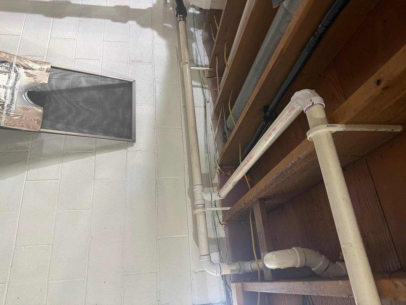 Responded to service call for whole-house drain evaluation. Inspected basement plumbing system including PVC drainage pipes and connections. Cleared clogged master bathroom shower drain and identified water staining around basement floor drain indicating previous backup issues.