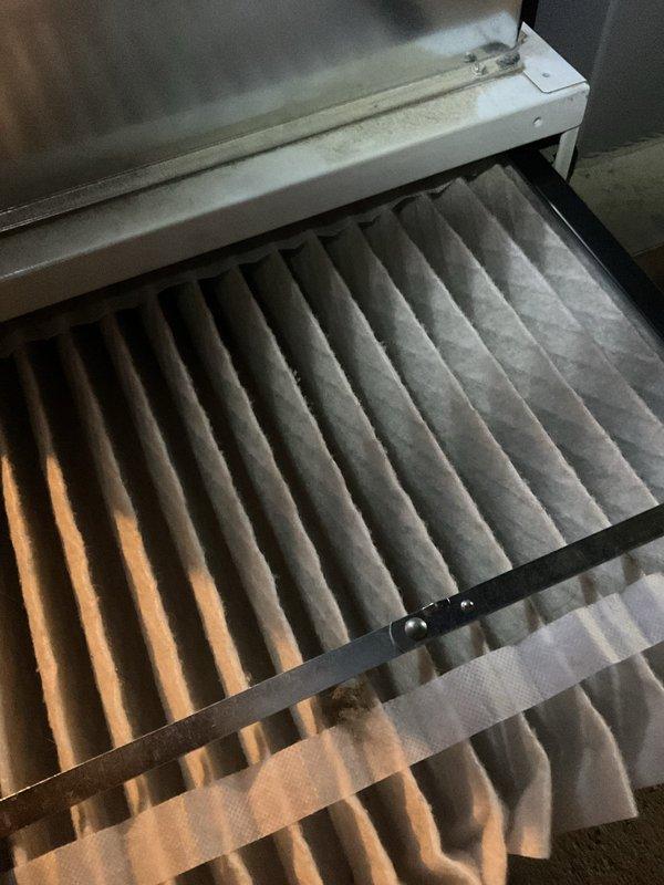 Performed scheduled heating system maintenance on BS-MVP unit. Inspected furnace interior components including blower motor, electrical control panel, and wiring connections - all found in normal working condition with no visible damage. Noted significant dust accumulation on pleated air filter requiring replacement for optimal system performance.