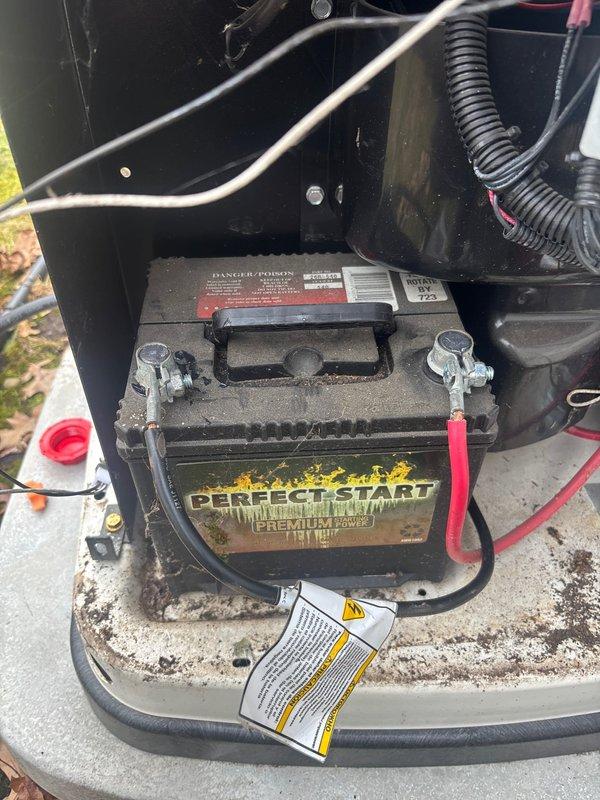 Performed scheduled preventative maintenance on residential generator system. Inspected and documented battery condition, noting visible corrosion on terminals of the Perfect Start premium power battery. Replaced air filter with new unit, ensuring proper installation and system functionality.