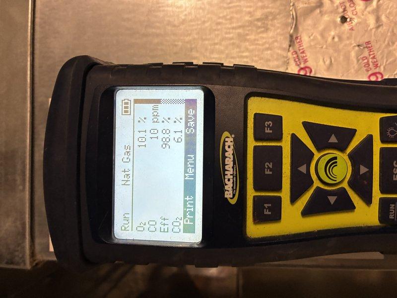 Performed scheduled heating maintenance on 13-year-old Trane system. Conducted comprehensive diagnostic testing using Bacharach analyzer, which confirmed proper combustion parameters (101 ppm CO, 98.8% efficiency) on natural gas furnace. System is functioning correctly with no operational issues identified; all components inspected and verified to be in satisfactory working condition.