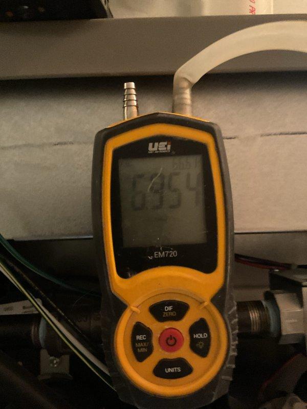 Completed scheduled MVP Furnace maintenance, conducting electrical diagnostics with readings of 50.6V using Klein multimeter and measuring temperature at 535 degrees with UEi EM720 meter. All systems verified operational with proper electrical connections and temperature parameters within acceptable range.