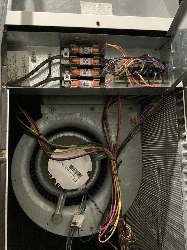 Performed routine maintenance on 20-year-old geothermal system, inspecting internal electrical components including blower assembly, fuses, and control board. Checked copper tubing, valves, and insulation on refrigerant lines, and verified all electrical connections were secure with no signs of deterioration.