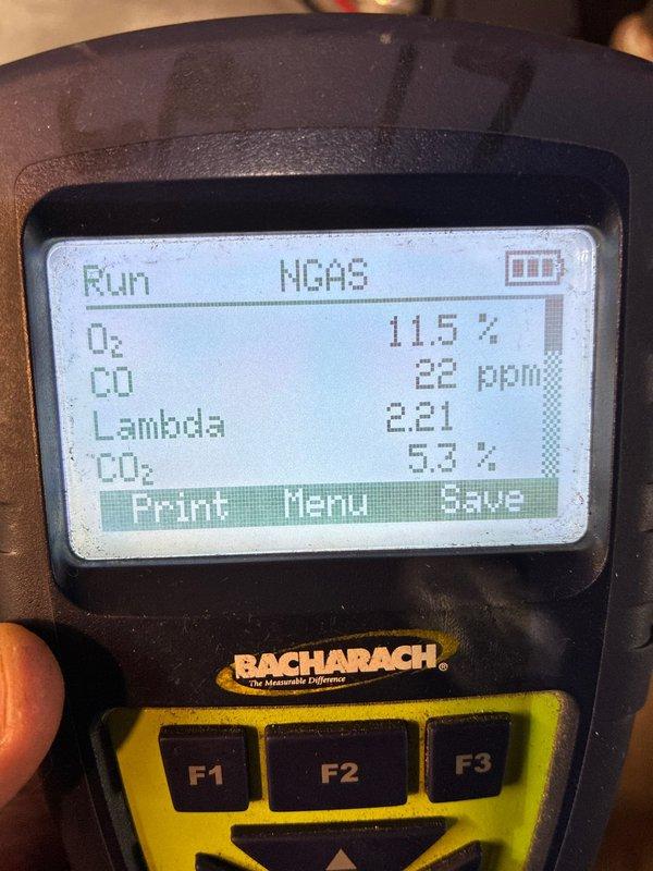 Performed annual maintenance on furnace. Conducted combustion analysis using Bacharach analyzer, confirming proper oxygen levels (11.5%), CO levels (22 PPM), and CO2 (5.3%). Made minor adjustments using hex key to optimize system performance.