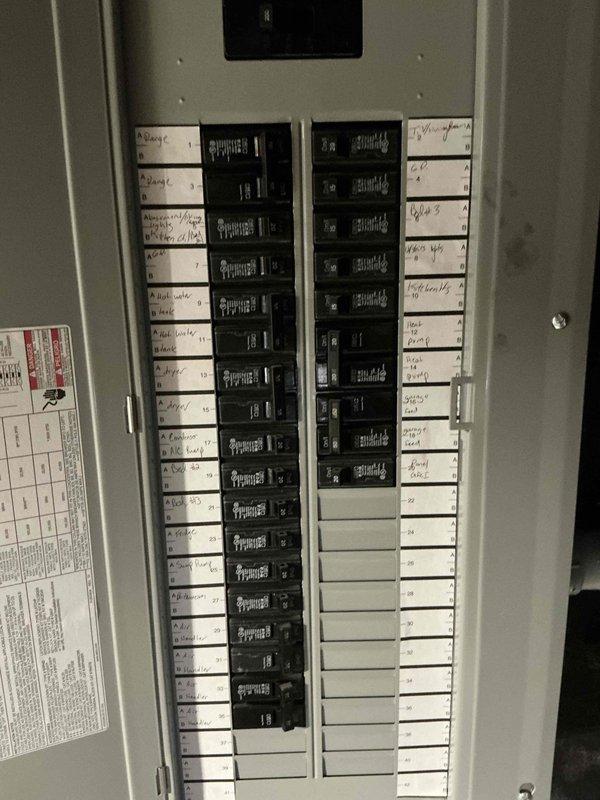 Conducted generator site assessment, evaluating existing electrical panel configuration for proper integration. Documented main service panel with digital display and dual vertical breaker columns for load calculation purposes. Client informed of propane requirement for selected generator system.