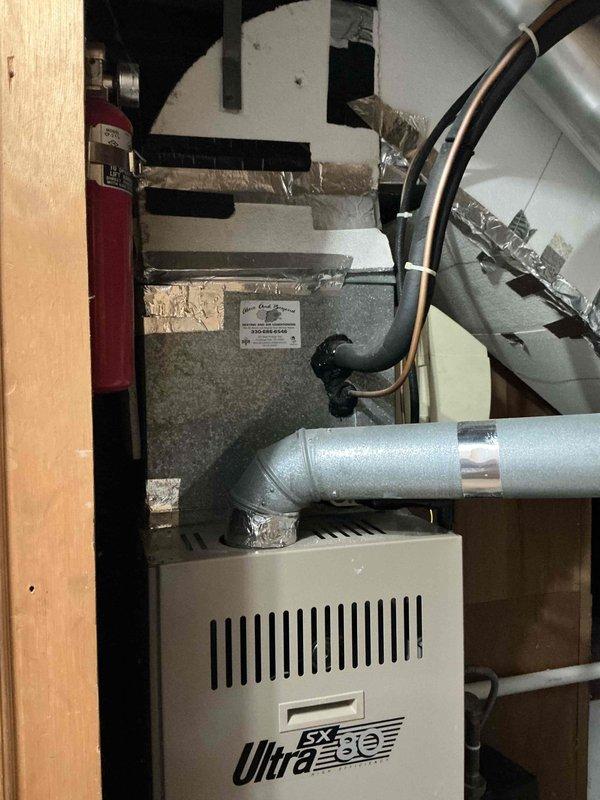 Successfully completed installation of a new 80% FRN furnace and AC system in the client's utility closet. System includes SX Ultra heating unit with properly connected ductwork, PVC venting, and integration with existing water heater. All connections were properly sealed with foil tape and the complete system was tested for proper operation.