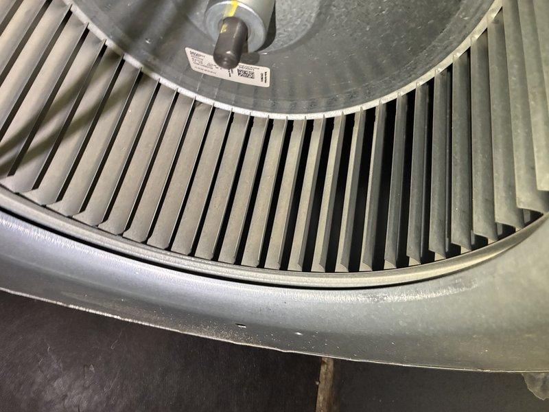 Performed scheduled MVP Heating maintenance service including inspection of the HVAC system. Observed significant dust accumulation on the pleated air filter, indicating replacement was necessary. Inspected blower wheel/squirrel cage fan assembly, documenting condition of metallic fins and motor shaft connection.