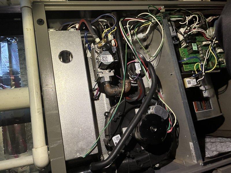 Performed routine maintenance on 3-year-old furnace system. Inspected circuit board components, sensor connections, and control module functionality. Examined internal wiring, blower motor, gas valve assembly, and PVC venting system - all components operating within specifications. System is properly functioning with MVP coverage extending through 2025.