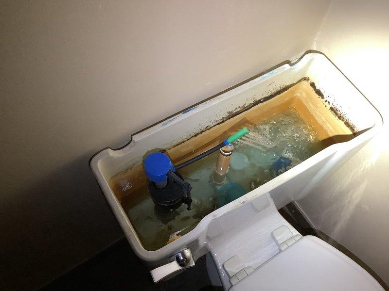 Responded to a service call for a clogged drain in a residential property. Inspected the toilet system, which showed significant mineral buildup and discoloration in the tank, indicating hard water issues contributing to the clog. Successfully cleared the obstruction in the drain line and performed preventative maintenance on the toilet's supply line connection to prevent future issues.