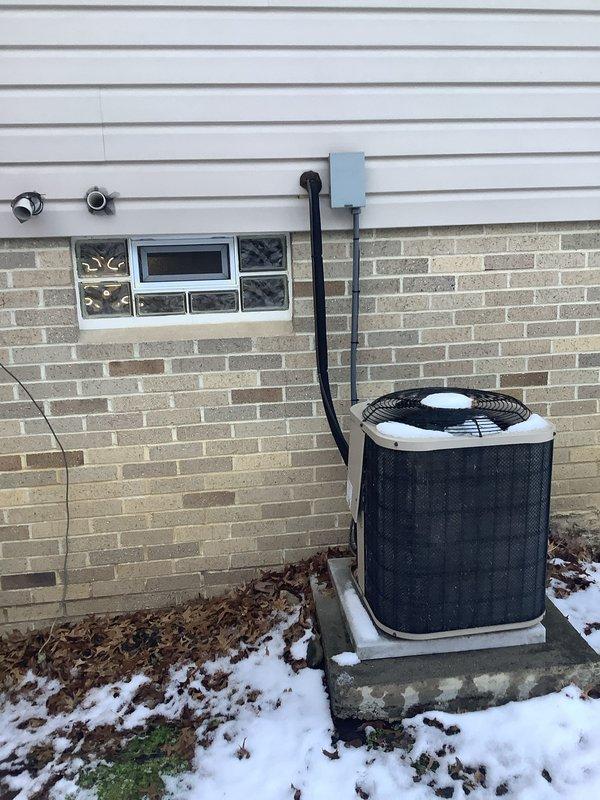 Installed a new 90% Furnace Replacement Network (FRN) system with matching air conditioning unit. Completed all necessary connections including PVC venting, electrical wiring, and refrigerant lines. System was properly mounted on concrete pad with appropriate clearances and tested for proper operation.