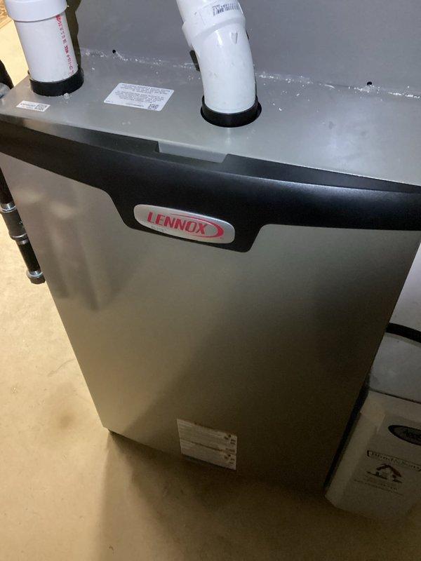 Performed scheduled preventive maintenance on Lennox furnace. Inspected unit condition, verified proper venting of PVC intake/exhaust pipes, and replaced air filter with clean pleated media filter. System is operating within normal parameters.
