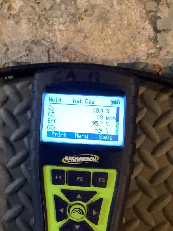 Performed scheduled MVP Heating maintenance visit in response to customer complaint of intermittent noise. Inspected air filtration system and found filter in satisfactory condition. Conducted combustion analysis using Bacharach analyzer, confirming proper system operation with excellent efficiency readings (95.7%), normal O₂ levels (10.4%), acceptable CO levels (18 ppm), and appropriate CO₂ concentration (5.9%).