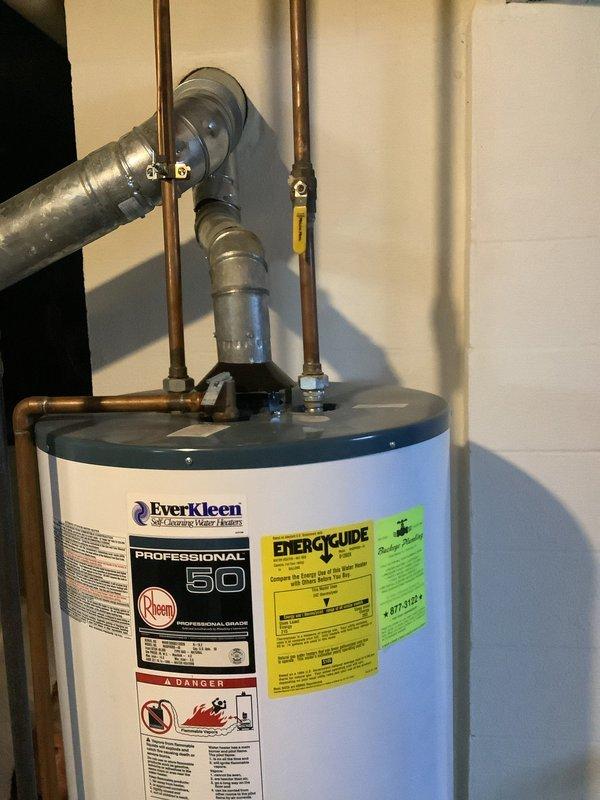 Successfully installed a new 50-gallon EverKleen self-cleaning water heater manufactured by Rheem with a 6-year warranty. Completed all necessary copper pipe connections, secured proper ventilation through galvanized steel ductwork, and verified proper operation of the unit. Photographic documentation of the completed installation was taken for service records.