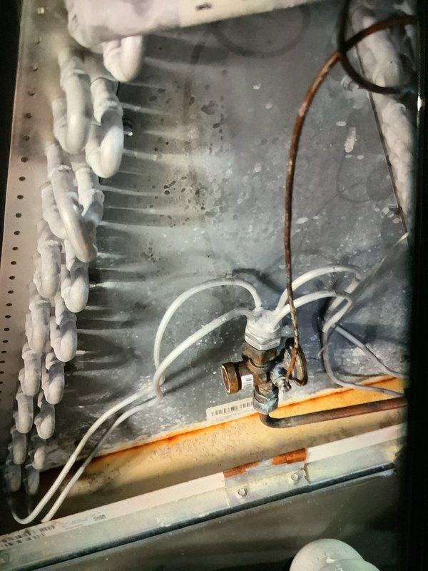 Performed routine maintenance on 5-year-old gas furnace for MVP customer. Inspection revealed significant ice buildup on evaporator coils indicating possible defrost cycle failure or refrigerant leak. Cleaned heat exchanger and inspected finned surfaces for proper operation.