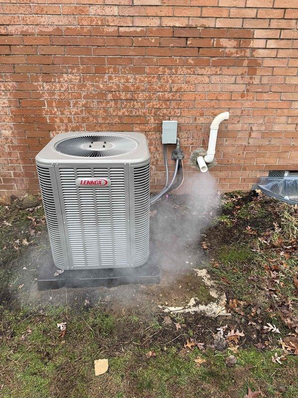 Completed installation of a new 90% FRN furnace with matching Lennox AC condenser unit. Verified proper electrical connections including FNR 20A fuses and verified system operation. Unit was properly mounted on concrete pad with appropriate condensate drainage and electrical connections to meet code requirements.