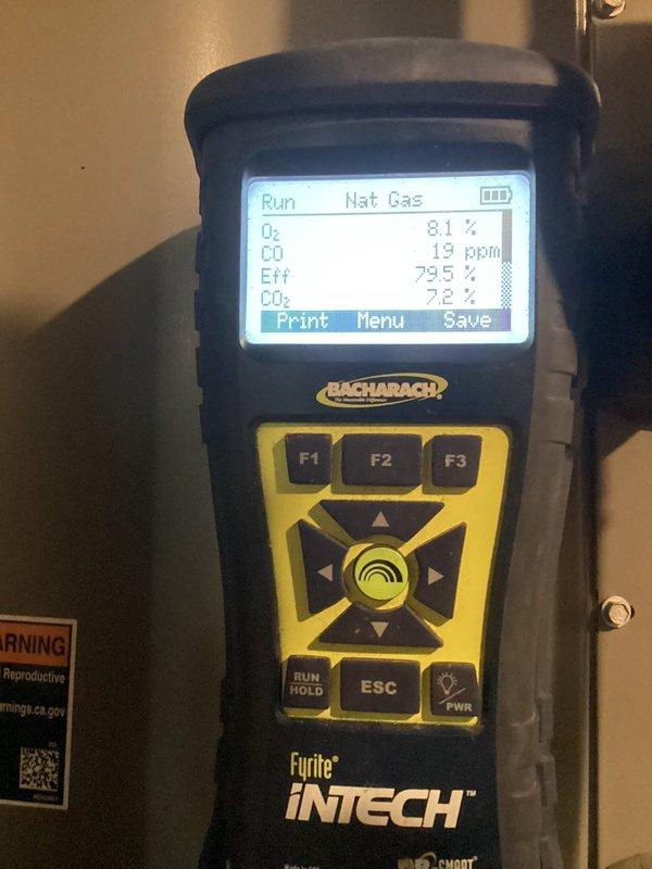 Completed MVP Heating Maintenance service on residential furnace system. Performed comprehensive combustion analysis using Bacharach Fyrite INTECH analyzer, confirming system operation within acceptable parameters (O₂: 8.1%, CO: 19ppm, CO₂: 7.3%, efficiency: 79.5%). All components inspected and verified to be functioning properly.