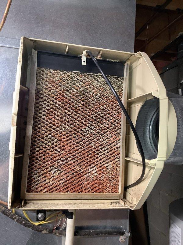 Performed routine MVP Heating maintenance service on residential furnace of indeterminate age. Inspection revealed significant corrosion on the evaporator coil's copper mesh screen, indicating potential airflow restriction and reduced system efficiency. Documented system condition with photos for future reference and service planning.