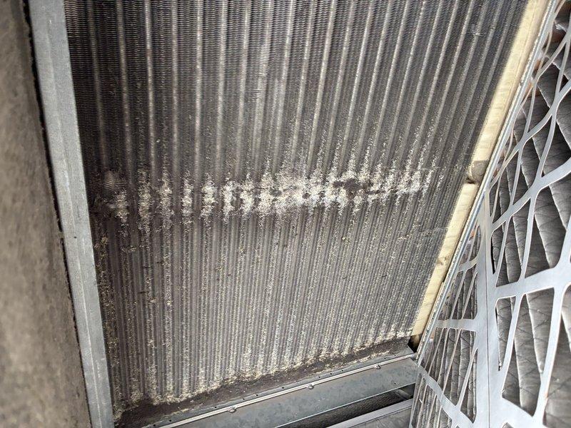 Performed routine maintenance on rooftop HVAC unit. Identified significant corrosion on motor shaft/bearing assembly and substantial dust accumulation on evaporator coils impeding airflow. Cleaned coils and documented failing components for future replacement recommendation.