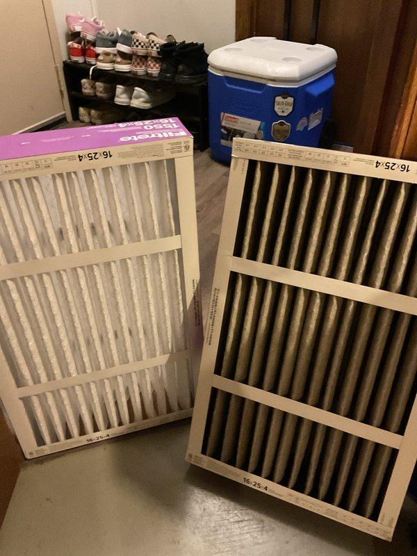 Performed scheduled maintenance on 7-year-old MVP furnace. Replaced heavily soiled air filter with new 16.25.4 filter to improve system efficiency. Inspected control board and electrical connections, confirming proper operation with all wiring secure and indicator light functioning normally.