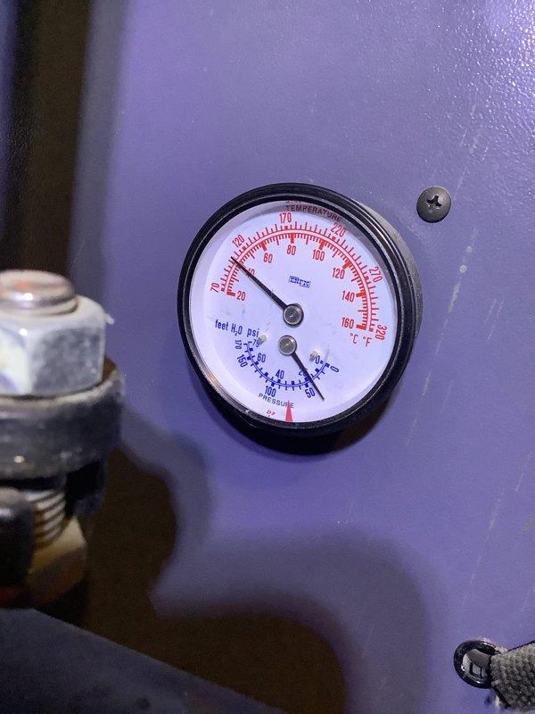 Completed routine heating maintenance for MVP customer. Inspected furnace system with attached hot water heater, checking all connections and ductwork. Verified pressure/temperature gauge readings were within normal operating parameters on boiler system.