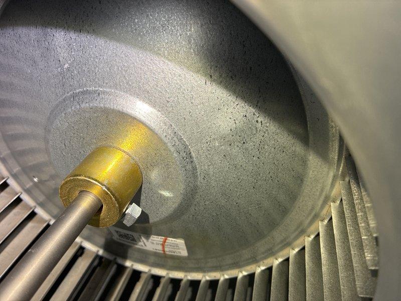 Performed prepaid furnace preventive maintenance on MVP 1230 unit. Inspected blower wheel assembly and motor mounting, noting proper condition of the bushing and shaft components. Examined electrical connections and wiring harnesses throughout the system, with all components functioning as expected.