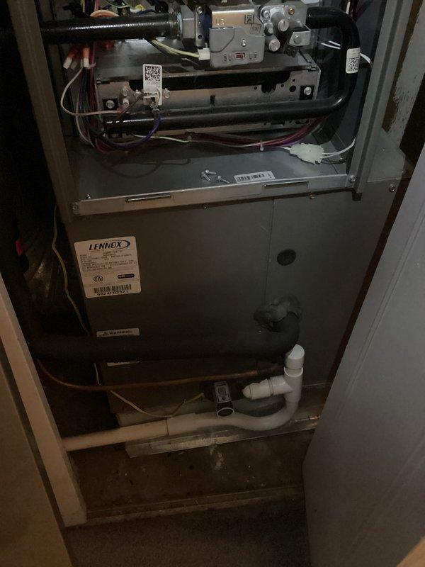 Performed recurring maintenance service on a Lennox Elite heating system. Conducted thorough inspection of furnace components including control board, electrical connections, and condensate drain system. All system components were found in good working condition with no visible damage or unusual wear.