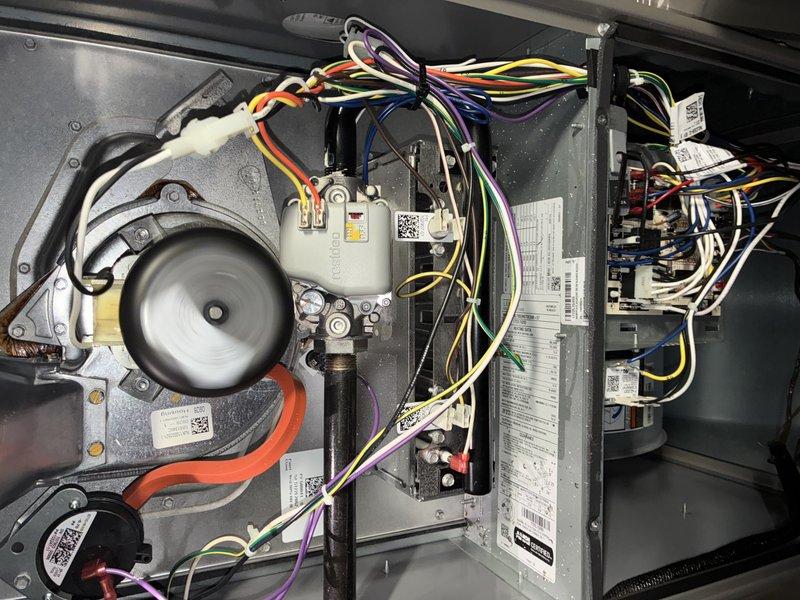 Performed scheduled MVP furnace maintenance service. Removed access panel for comprehensive inspection of internal components including blower motor, control board, and gas valve assembly. Inspected blower wheel and shaft for proper operation and condition, confirming system functionality.