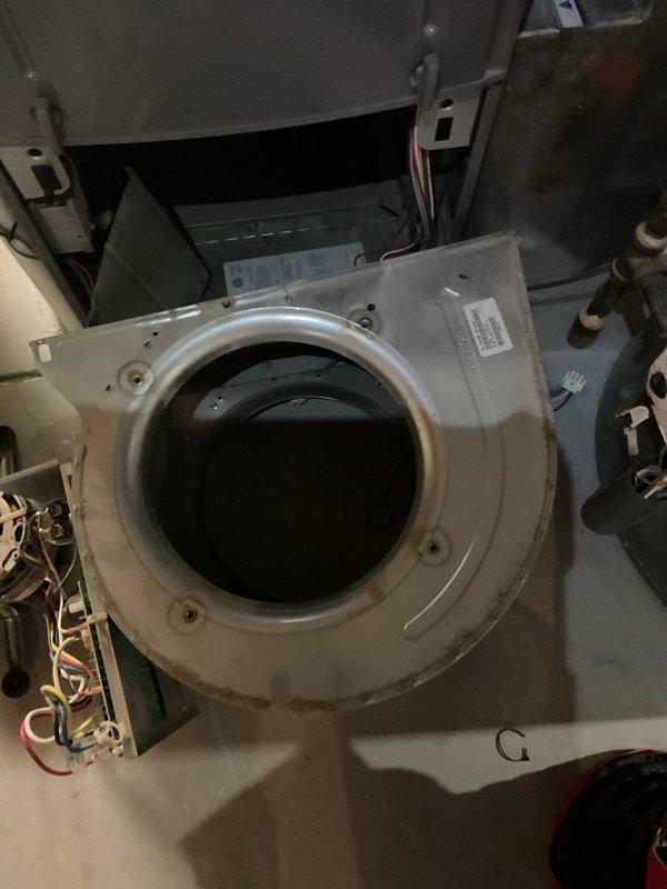 Performed maintenance service on furnace system, cleaning blower wheel assembly to remove accumulated debris affecting performance. Replaced failing capacitor on outdoor unit as previously diagnosed under original job #1150723. System now operating within manufacturer specifications after completion of all recommended services.