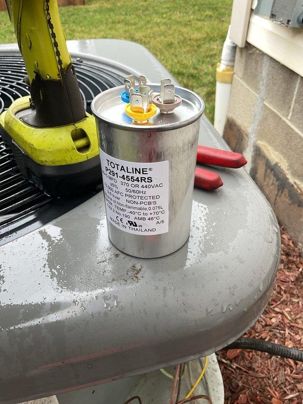 Performed maintenance service on furnace system, cleaning blower wheel assembly to remove accumulated debris affecting performance. Replaced failing capacitor on outdoor unit as previously diagnosed under original job #1150723. System now operating within manufacturer specifications after completion of all recommended services.